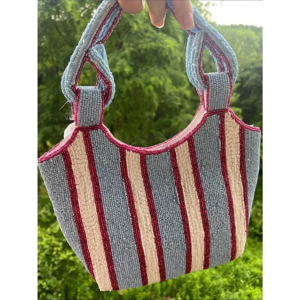 Viral Beaded Bag - Handcrafted Beaded Stripe Mini Tote - Blue, Cream & Red